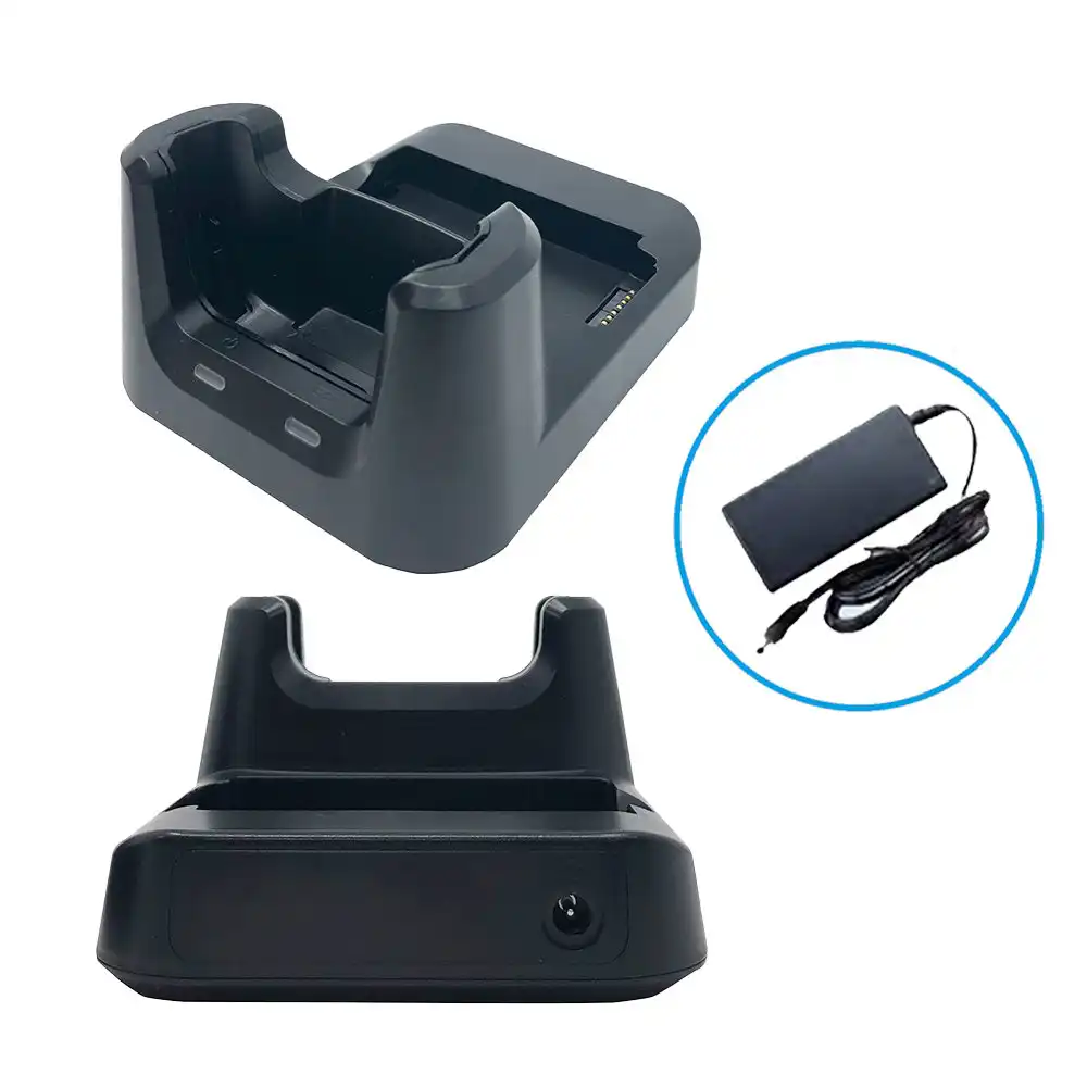 1スロット充電クレードル、スペアバッテリスロット付属、電源アダプタ付属、電源コード付属