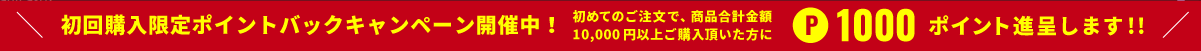 初めてのお買い物で1万円以上ご購入頂いた方に1000ポイント進呈します!!初回購入限定キャンペーン